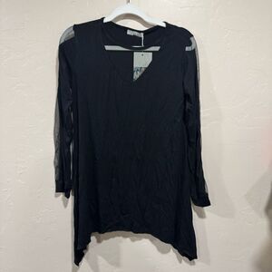 Milan Kiss New Black Long Blouse with sheer sleeve stripe size small